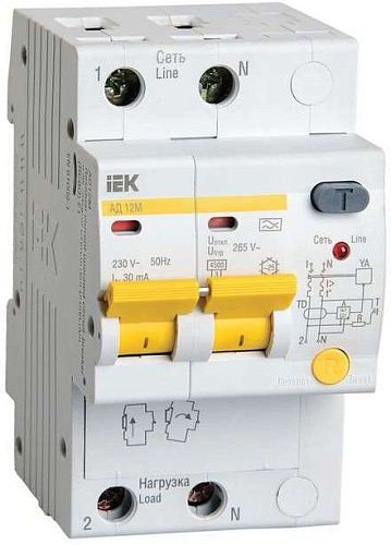 Дифференциальный автоматический выключатель 2п С40 30мА 4.5кА тип A. 3мод защ.от прев.напр. АД-12М ИЭК (MAD12-2-040C030)