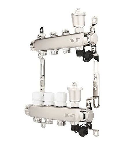 Коллекторная группа  нерж. 6 вых без расходомеров + автоматич. воздухоотводчик и слив Ogint 9506-05