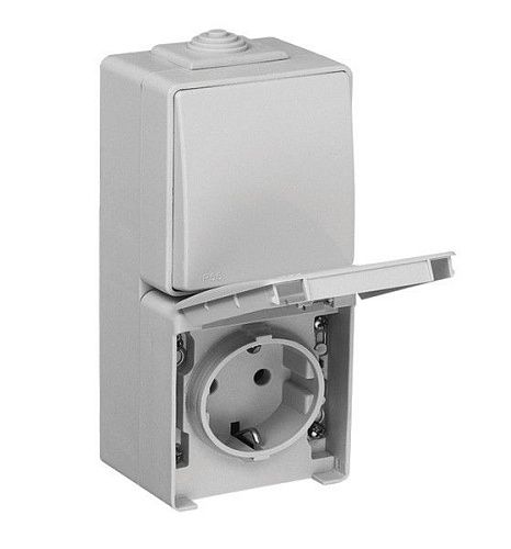 Вертикальный блок ОУ: переключатель + розетка 2к+З с крышкой (белый) IP65 EFAPEL