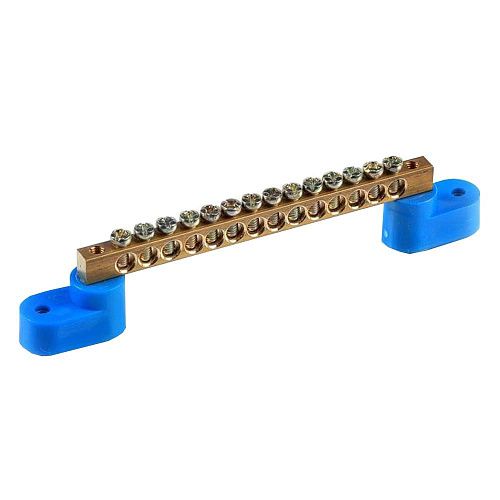 Шина N "ноль" 14 отверстий 2 изолятора "стойка"  6х9мм латунь (синий)