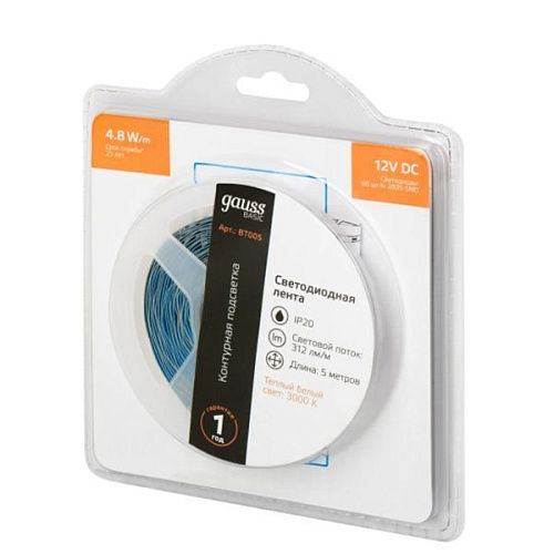 Лента светодиодная SMD2835 4.8Вт 12В 3000К 312Лм/м IP20 60 диодов/метр GAUSS Basic теплый белый BT005
