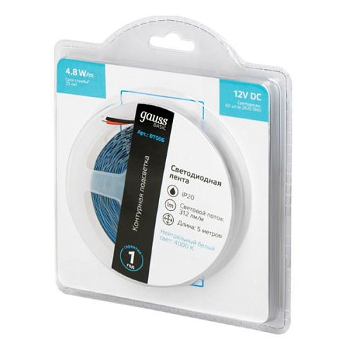 Лента светодиодная SMD2835 4.8Вт 12В 4000К 312Лм/м IP20 60 диодов/метр GAUSS Basic холодный белый