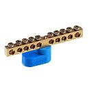 Шина N "ноль" 10 отверстий 1 изолятор "стойка" 6х9мм латунь (синий)