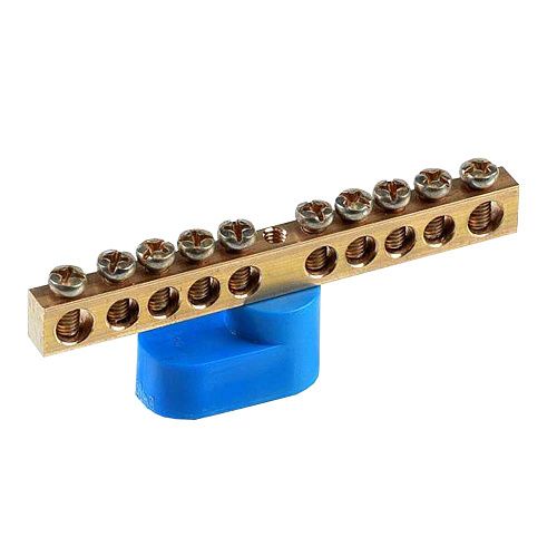 Шина N "ноль" 10 отверстий 1 изолятор "стойка" 6х9мм латунь (синий)