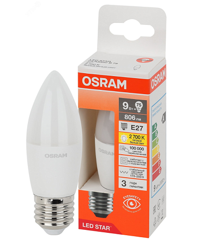 Лампа светодиодная свеча LS CLB 75 9W/827 170-250V FR E27 806lm 40000h d37x110 матовая OSRAM
