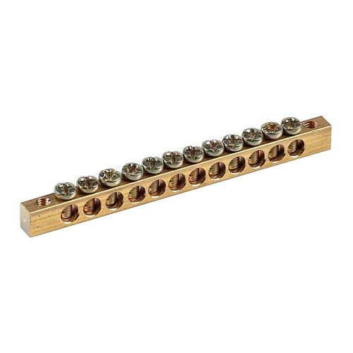 Шина РЕ "земля" 12 отверстий 6х9мм 12/2 (12групп/крепеж по краям) латунь